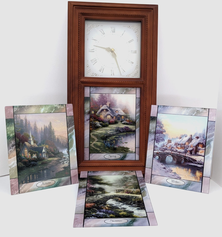 ✨Thomas Kinkade Stained Glass Clock with Complete Set Changeable Seasons
