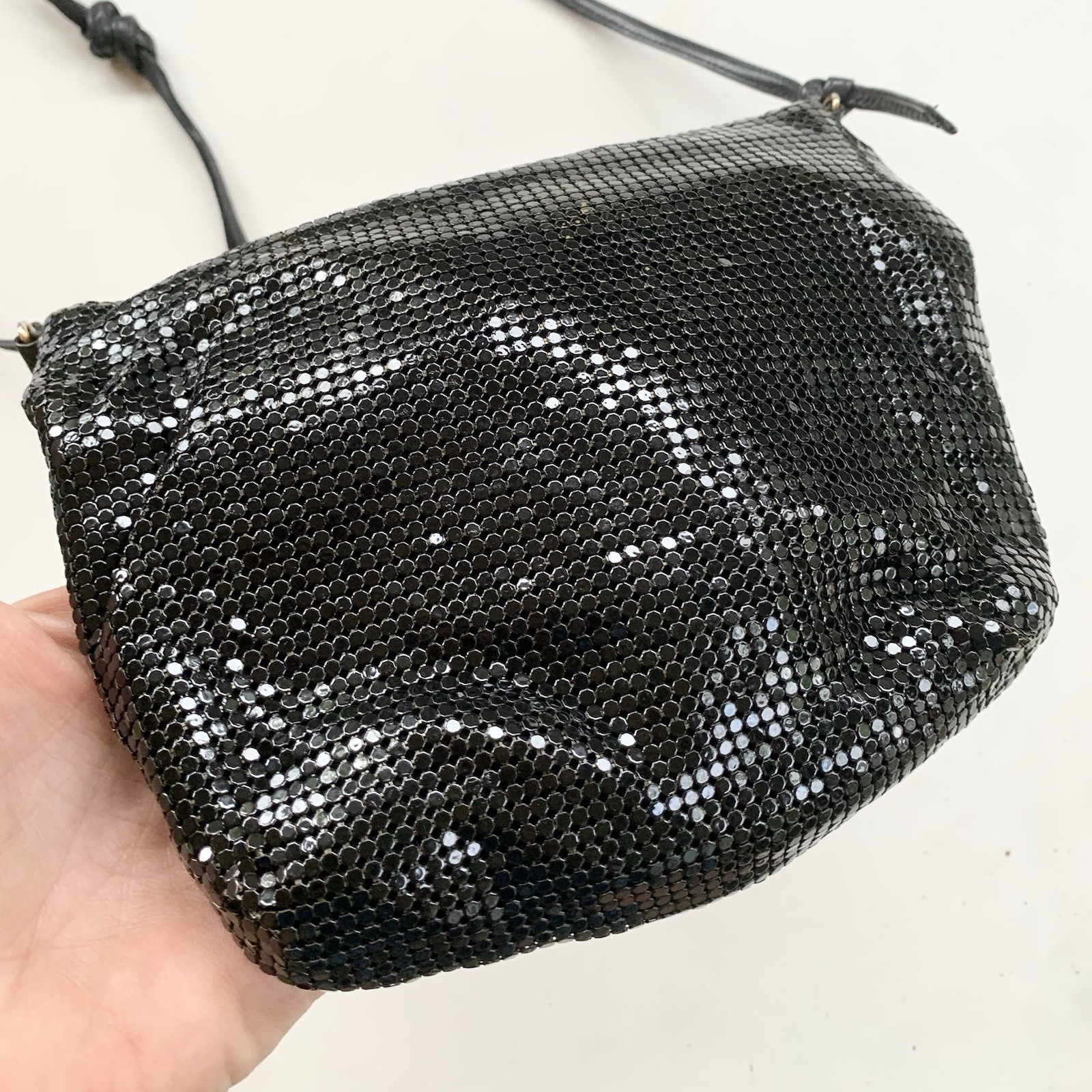 Vintage Whiting & Davis Black Metal Mesh Purse Bag Crossbody 7” Leather Strap