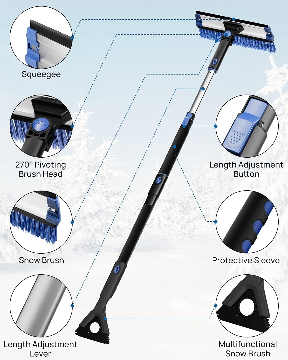 Multifunctional Car Snow Brush & Ice Scraper - 61.3″ Extendable with Helpers