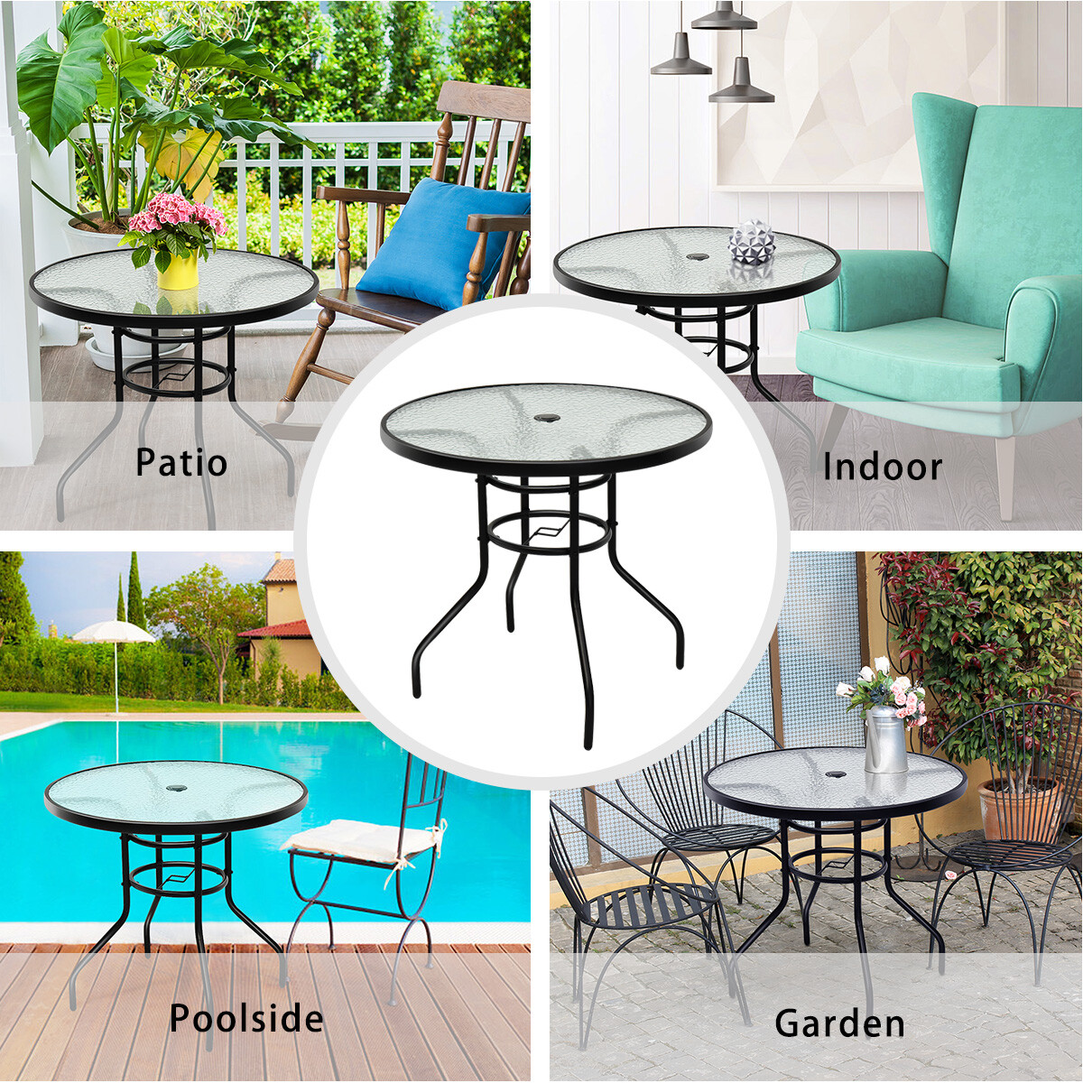 32" Patio Round Table Tempered Glass Steel Frame Outdoor Pool Yard Garden