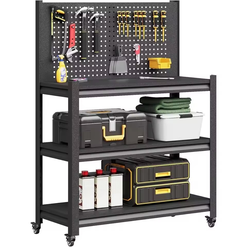 Workbench with Pegboard, Adjustable Heavy Duty Work Table with Wheels, Heavy Dut