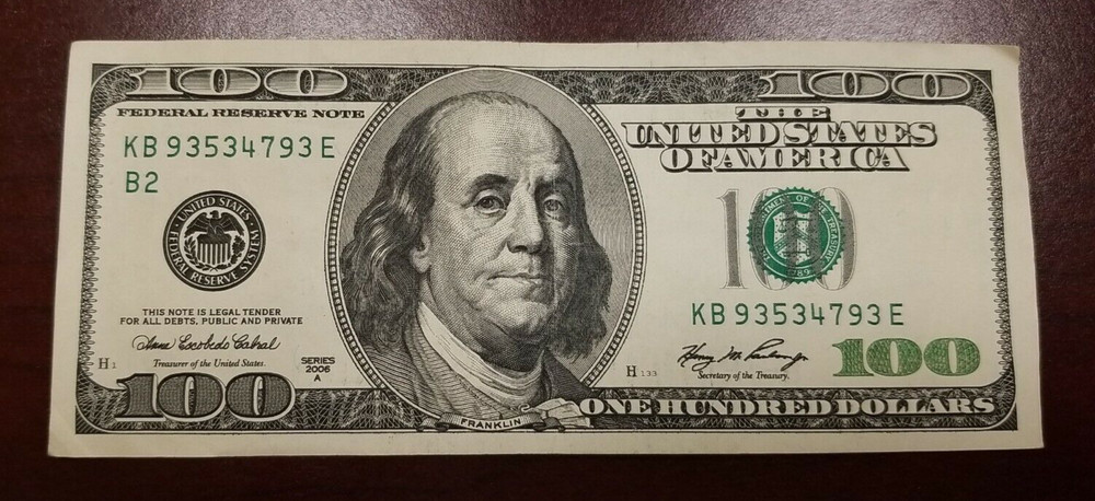 Series 2006  A ~ US One Hundred Dollar Bill Note $100 ~ KB 93534793 E