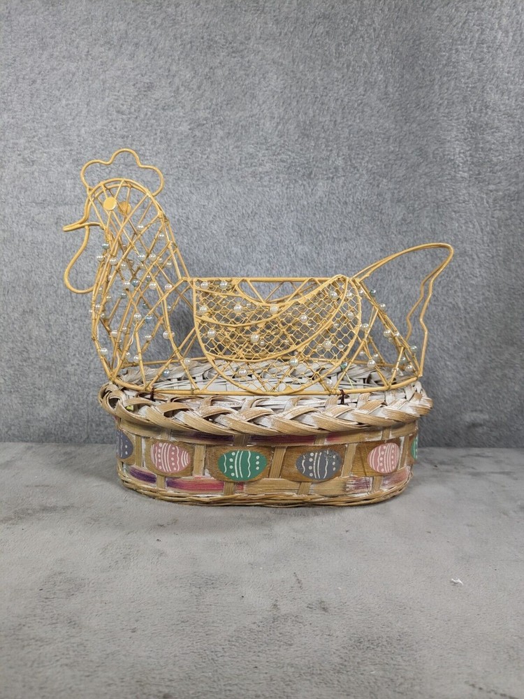 Large Woven Bottom & Wire Top Chicken Rooster Easter Egg Basket Holder 10" Tall