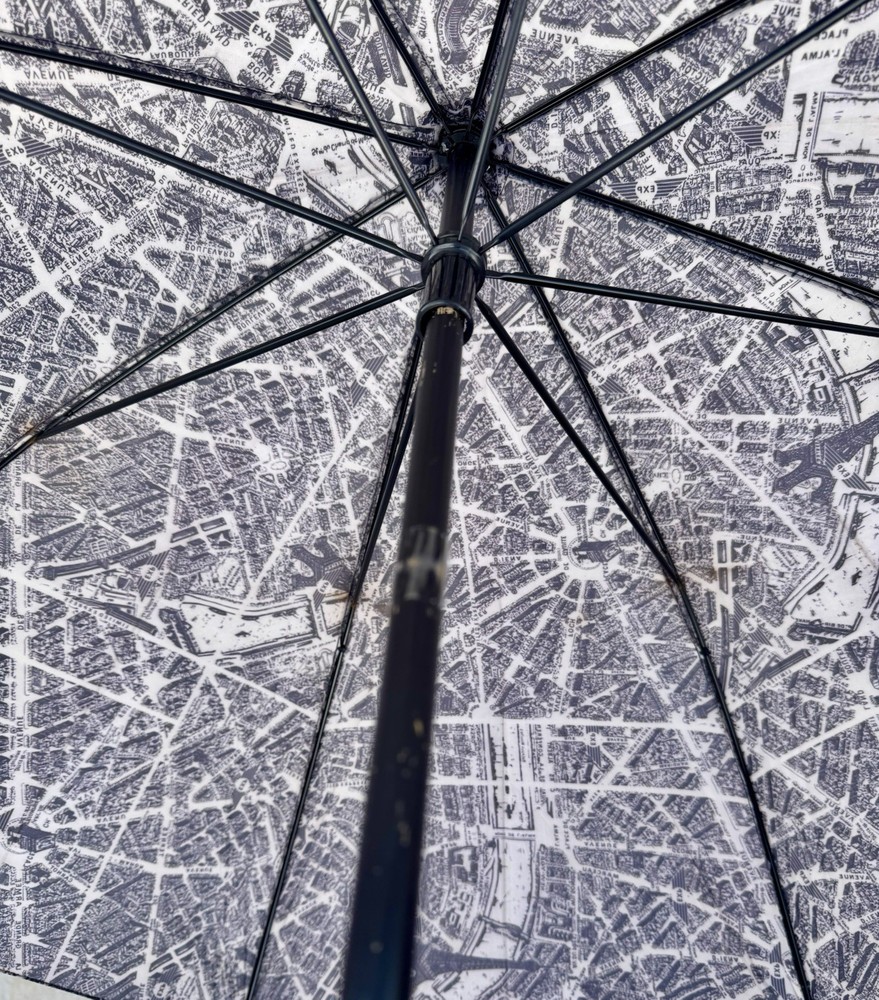 Paris Map Umbrella Grey Mauve Black Eiffel Tower Wood Handle