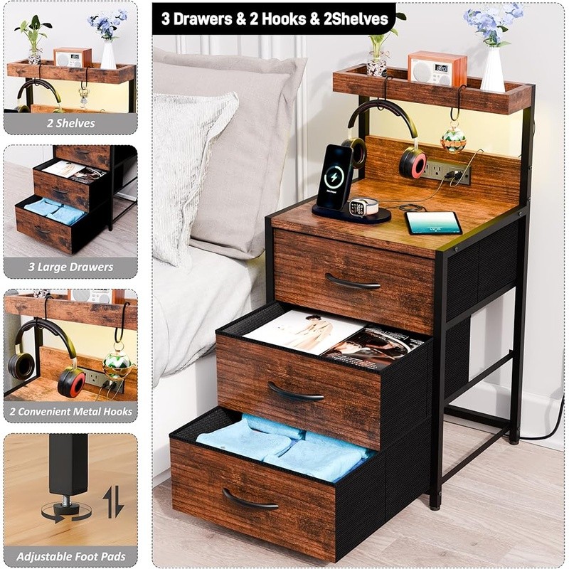 LED Light Strip Charging Nightstand W/ Storage Drawers & Hooks Easy Assembly New