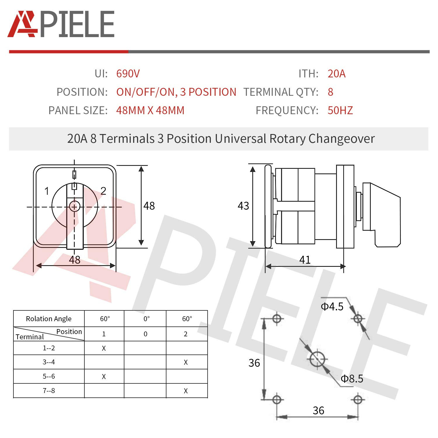 3-Position Rotary Switch 20A 690V LW28 Changeover Selector ON-OFF-ON