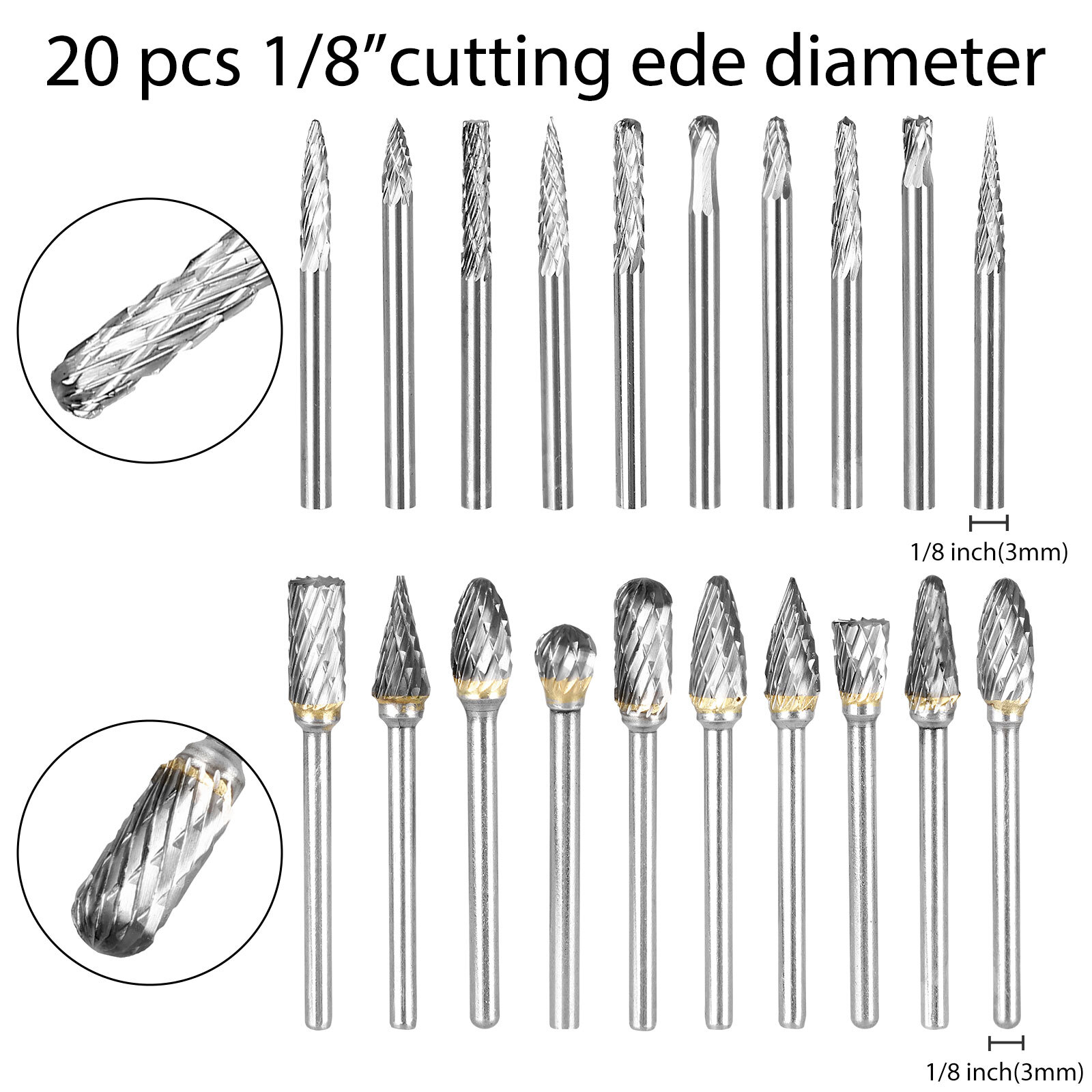 20Pcs Tungsten Carbide Steel Rotary Burr Die Grinder Bit 1/8in Shank Carving Set