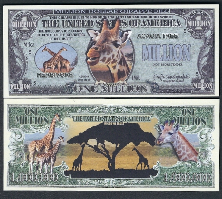 Giraffe Million Dollar Bill Play Funny Money Novelty Note with FREE SLEEVE