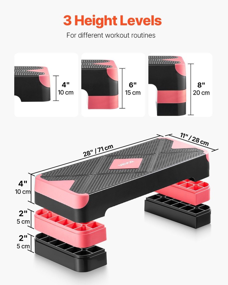 High-Density Workout Step Deck 28in Adjustable Up to 8in Height Red