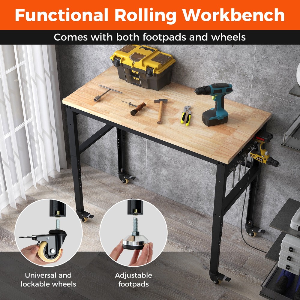 48" Adjustable Workbench Rolling Heavy-Duty Work Table w/ Power Outlet