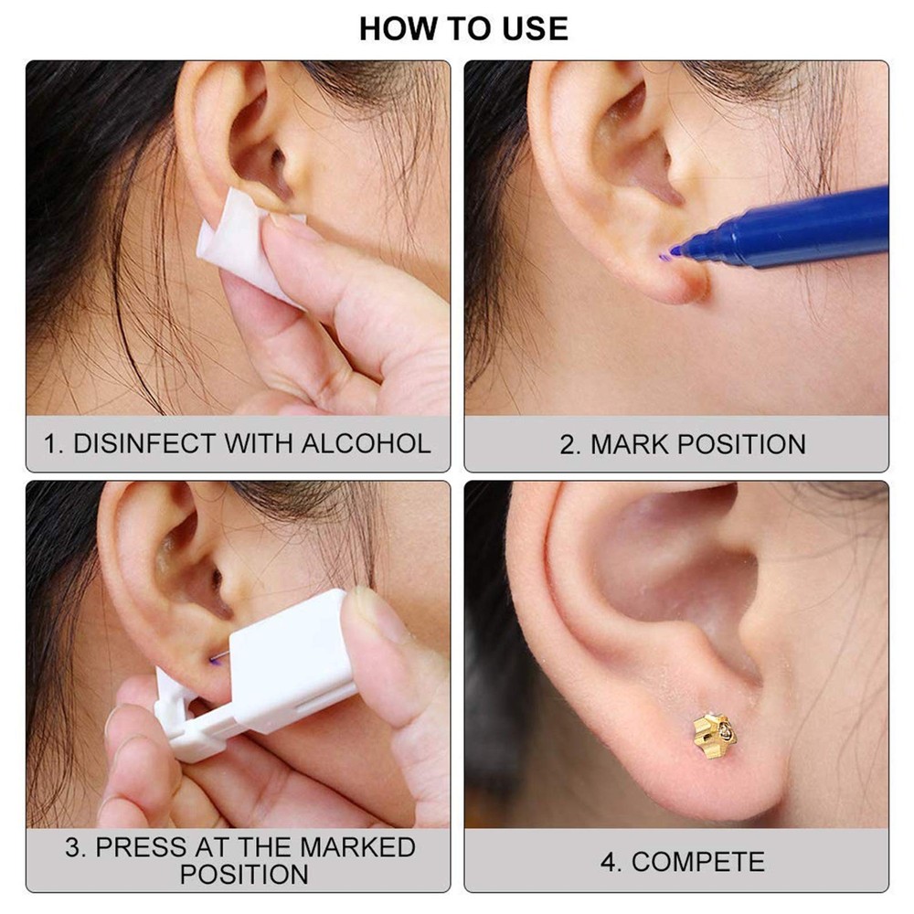Self Ear Piercing Gun Kit with Earring Studs - Disposable 4 Pack (Gold)