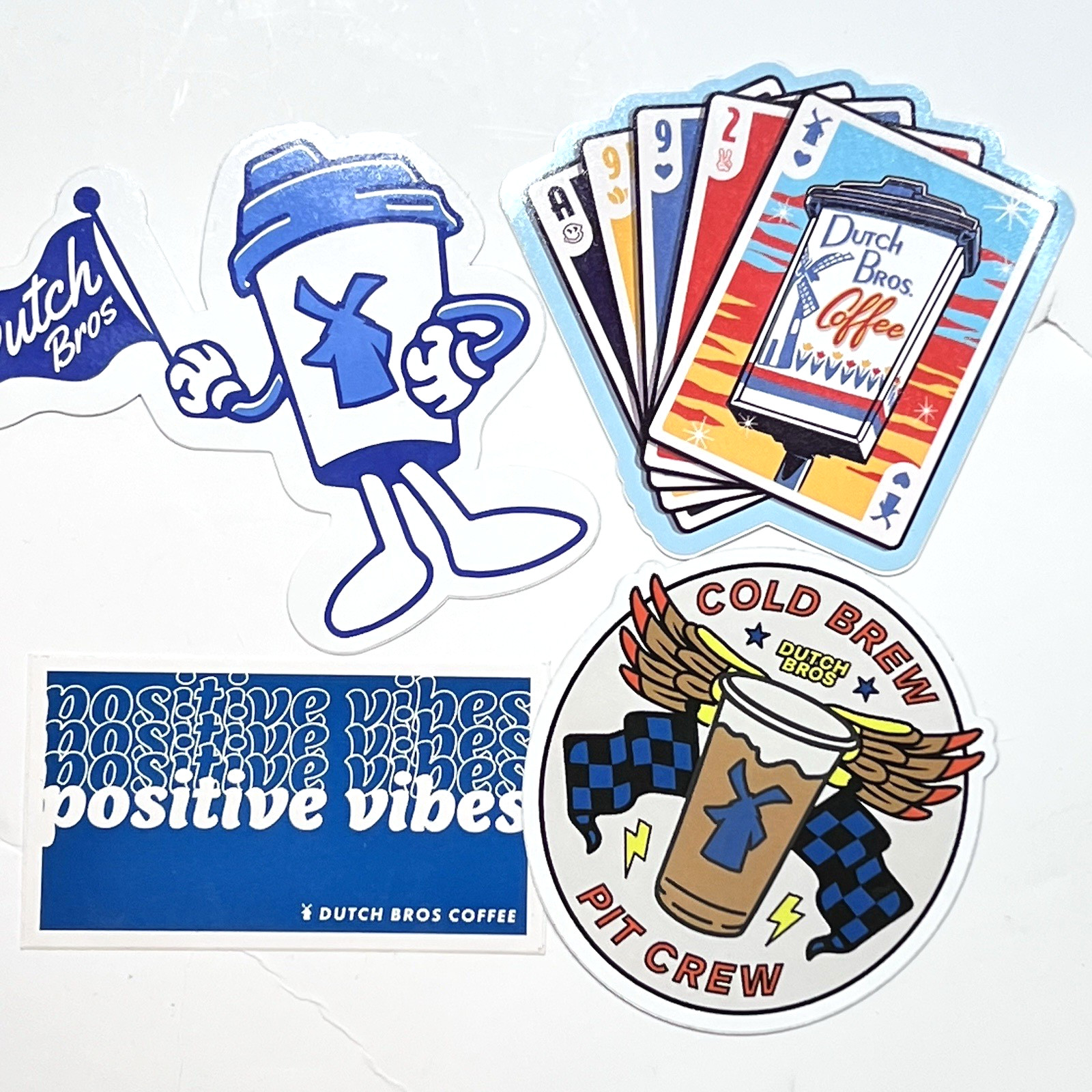 Lot of 4 Misc Dutch Bros Coffee Stickers Positive Vibes Cold Brew Playing Cards