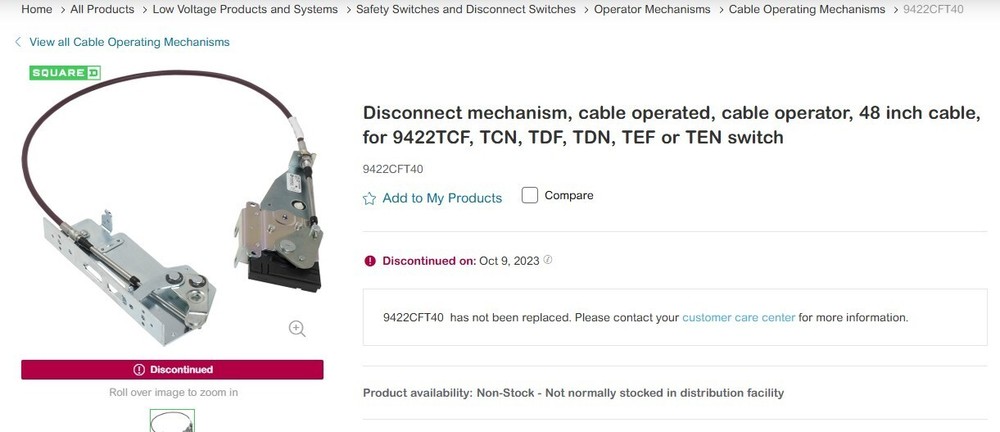 Schneider Square D 9422-CFT40 Flange Mount Disconnect Cable Assembly 48"