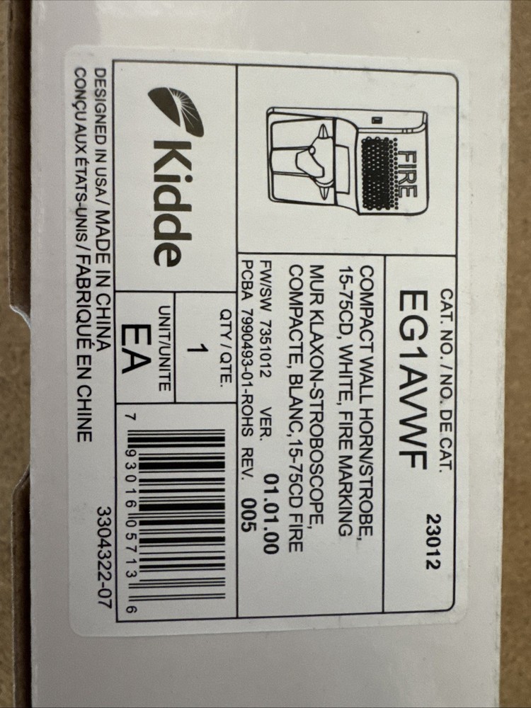 Kidde EG1AVWF Compact Wall Horn Strobe White, New