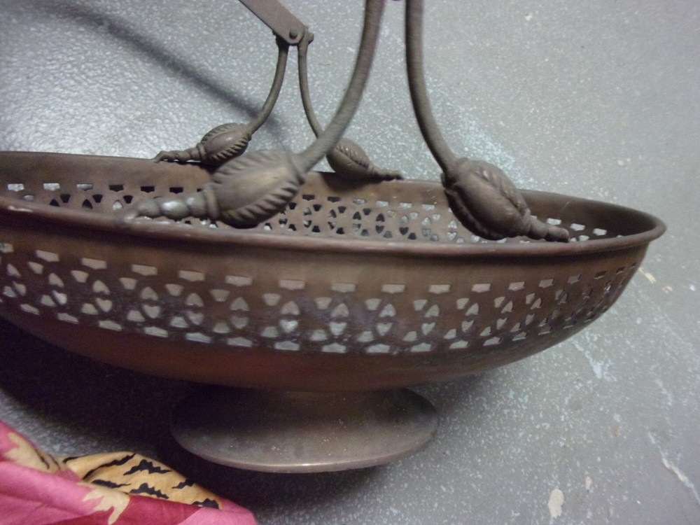 Rare Hand Hammered Copper Bronze open work handled basket
