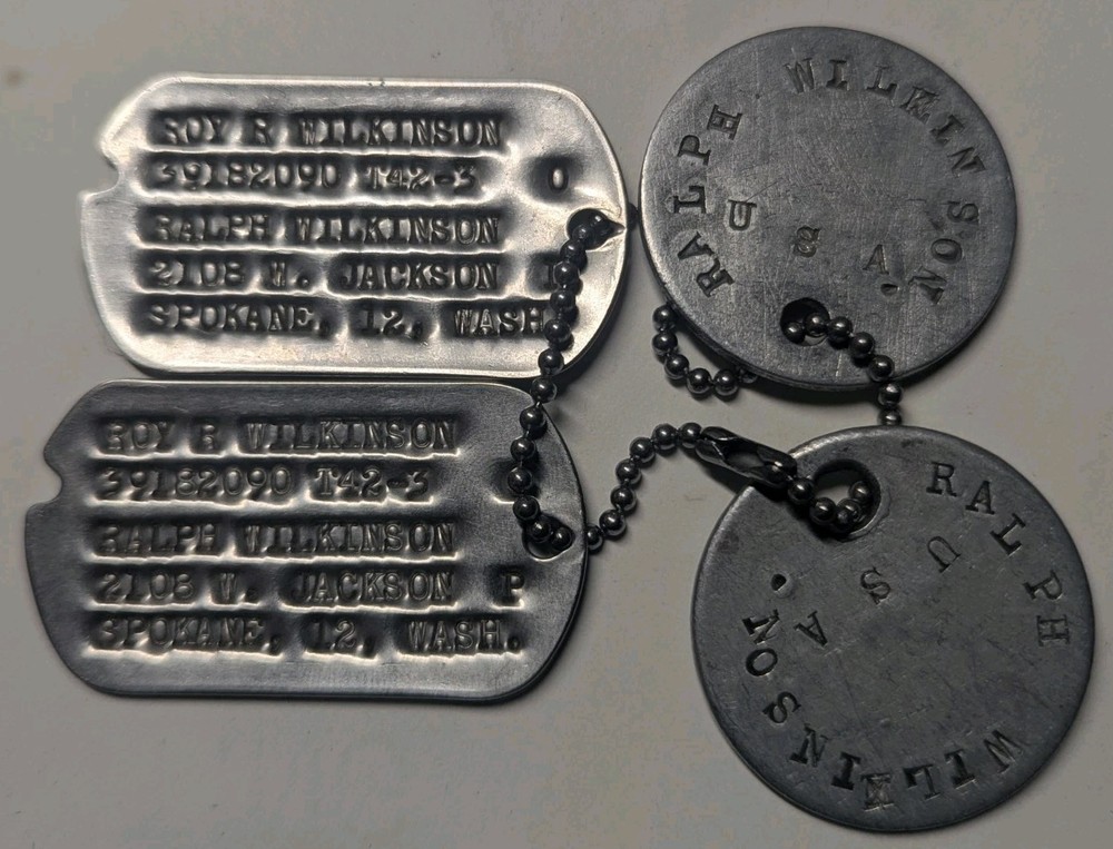 WW1 WW2 Father / Son US Army Dog Tags - Ralph & Roy Wilkinson Next Of Kin & Alum
