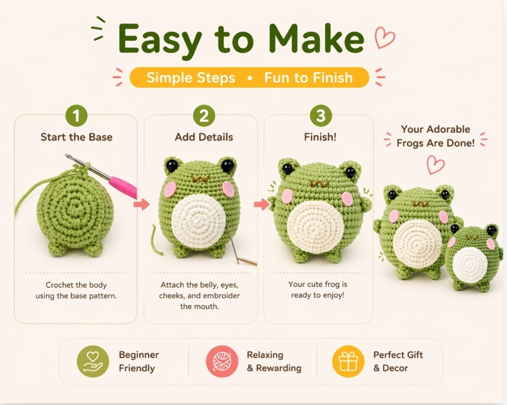 Frog Crochet Kit 2 Pack for Beginners Amigurumi DIY Set with Video Tutorial