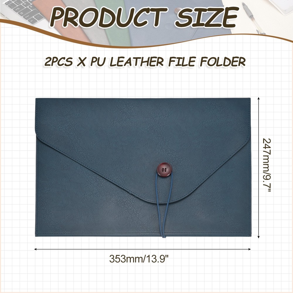2Pcs PU Leather A4 File Folder, Waterproof Envelope Holder, Blue
