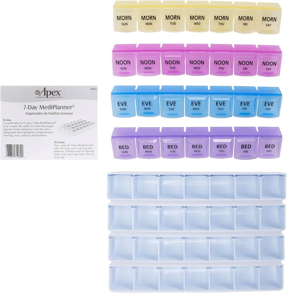 Apex 7 Day Medication Planner, 28 Color Coded Compartments, Each