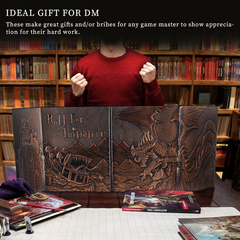 Faux Leather Dungeon Master Screen Embossed Dragon Mimic Four-Panel with Pockets