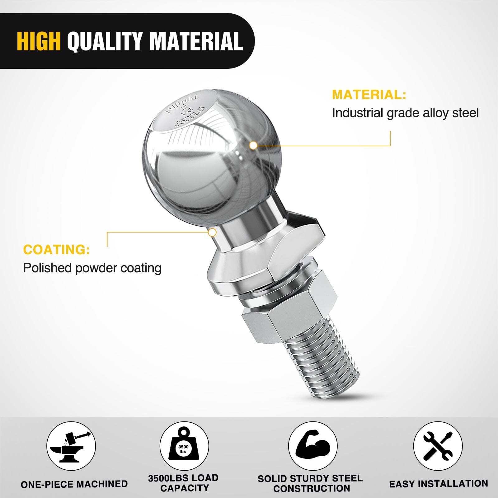 Nilight 2 Inch Diameter Chrome Trailer Hitch Ball, New