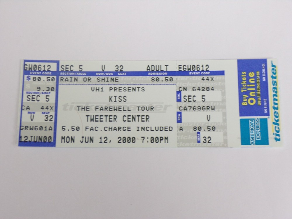 KISS Full Ticket Stub 2000 Farewell Concert Tour Tweeter Boston MA Vintage Kiss