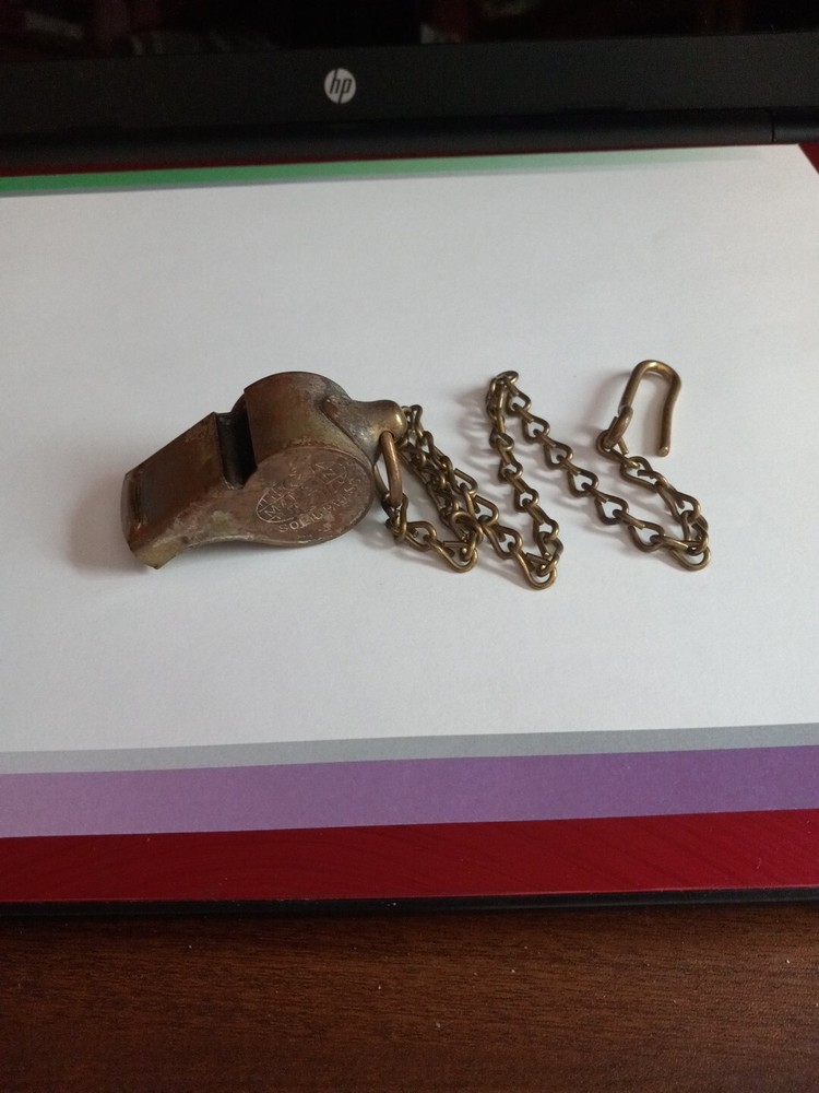 Antique Vintage Solid Brass Whistle USA w/Chain