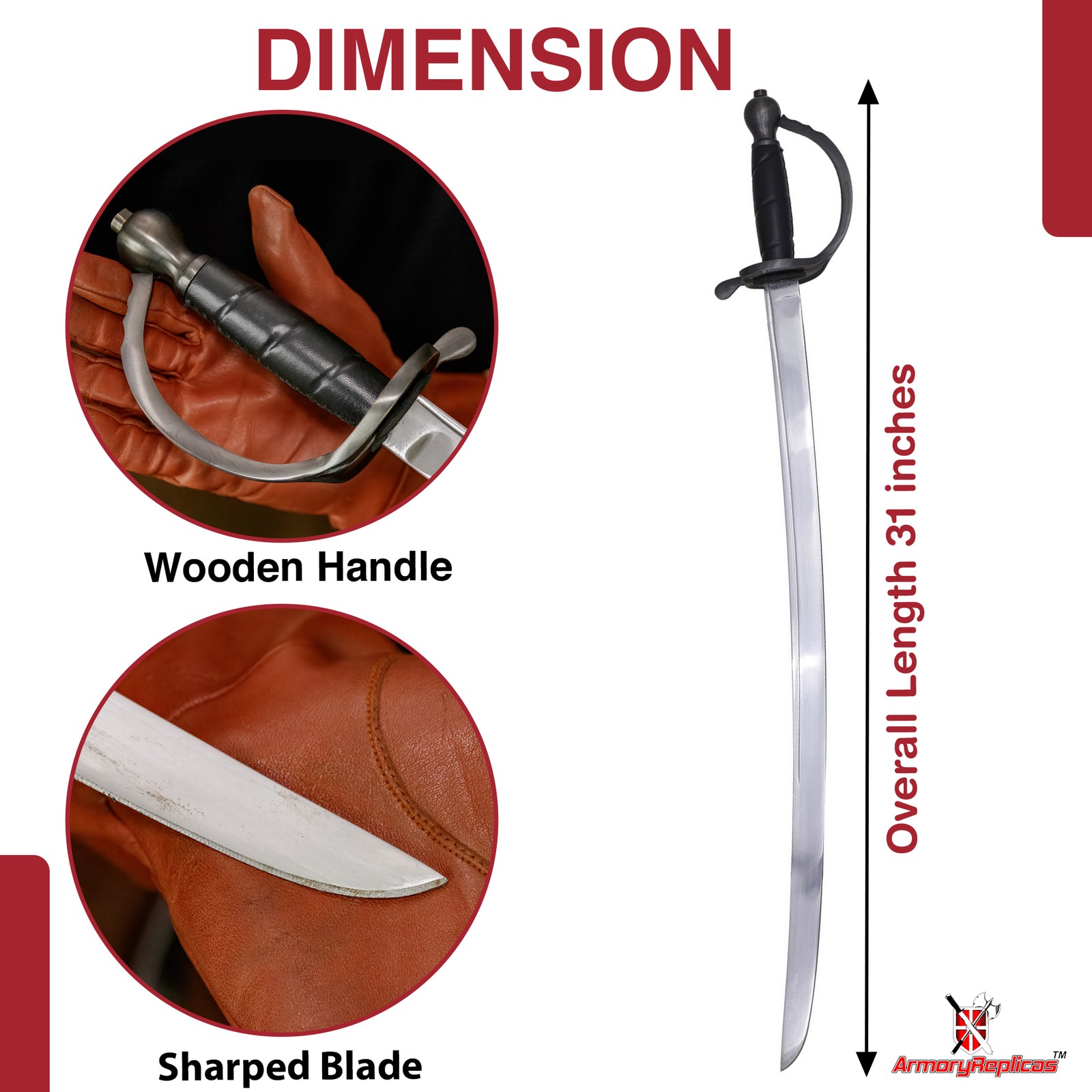 Battle Ready Pirate Cutlass Sword 31" Full Tang Carbon Steel Replica w/Scabbard