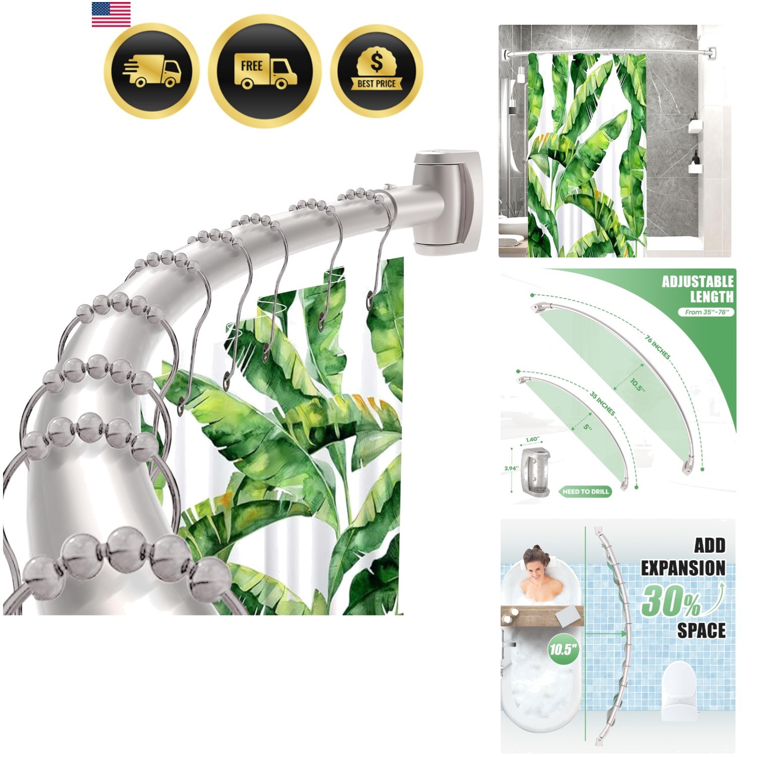 Elegant Brushed Nickel Curved Shower Curtain Rod 33-78in for Stylish Bathrooms