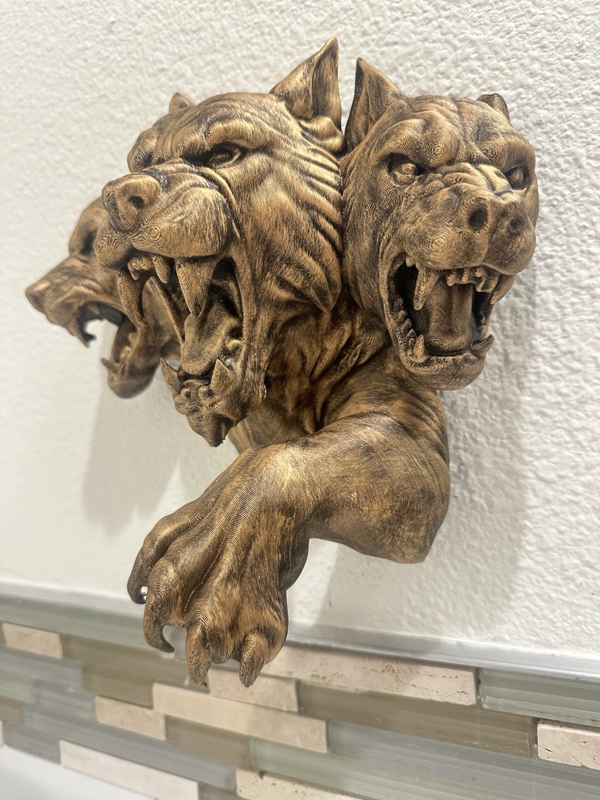 Cerberus Wall Sculpture 3d Mythical Hellhound Decor - Three Headed Dog Mount 9”