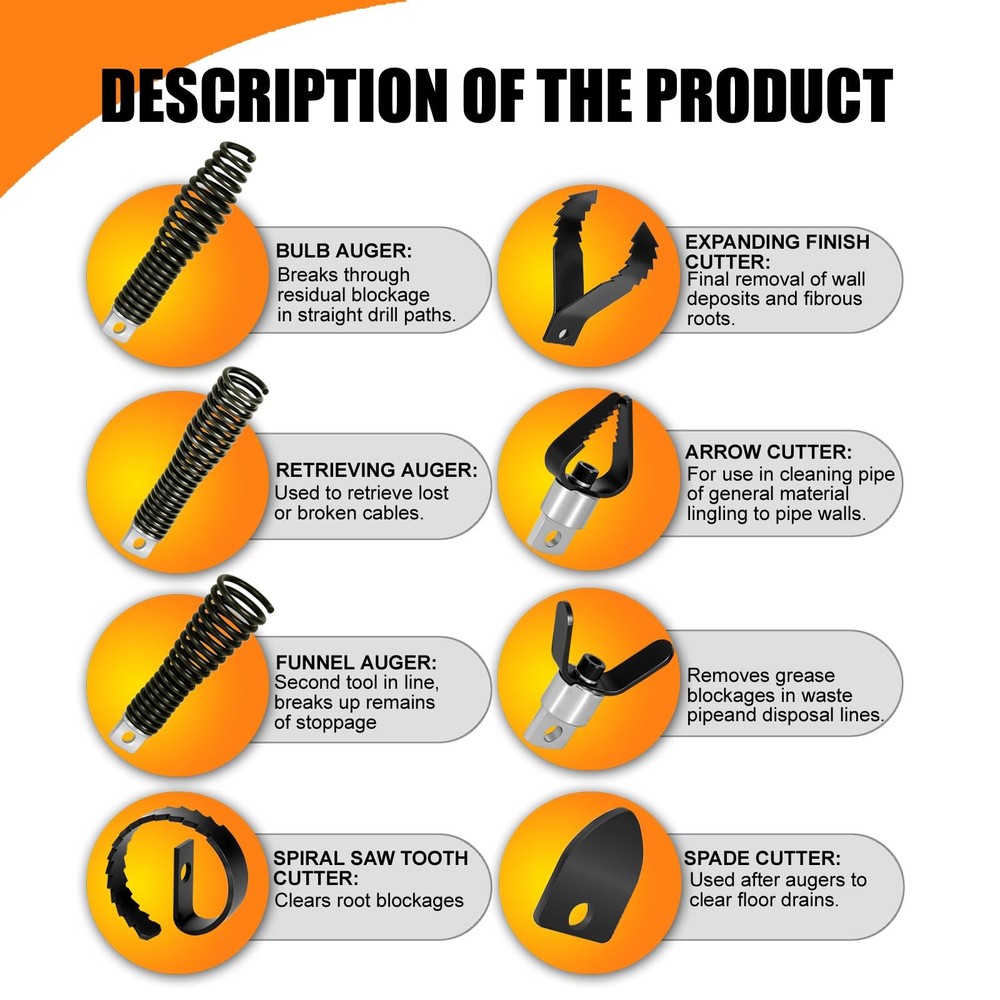 8-Piece Drain Snake Drill Attachment, Cutter and Auger Set, Compatible Black