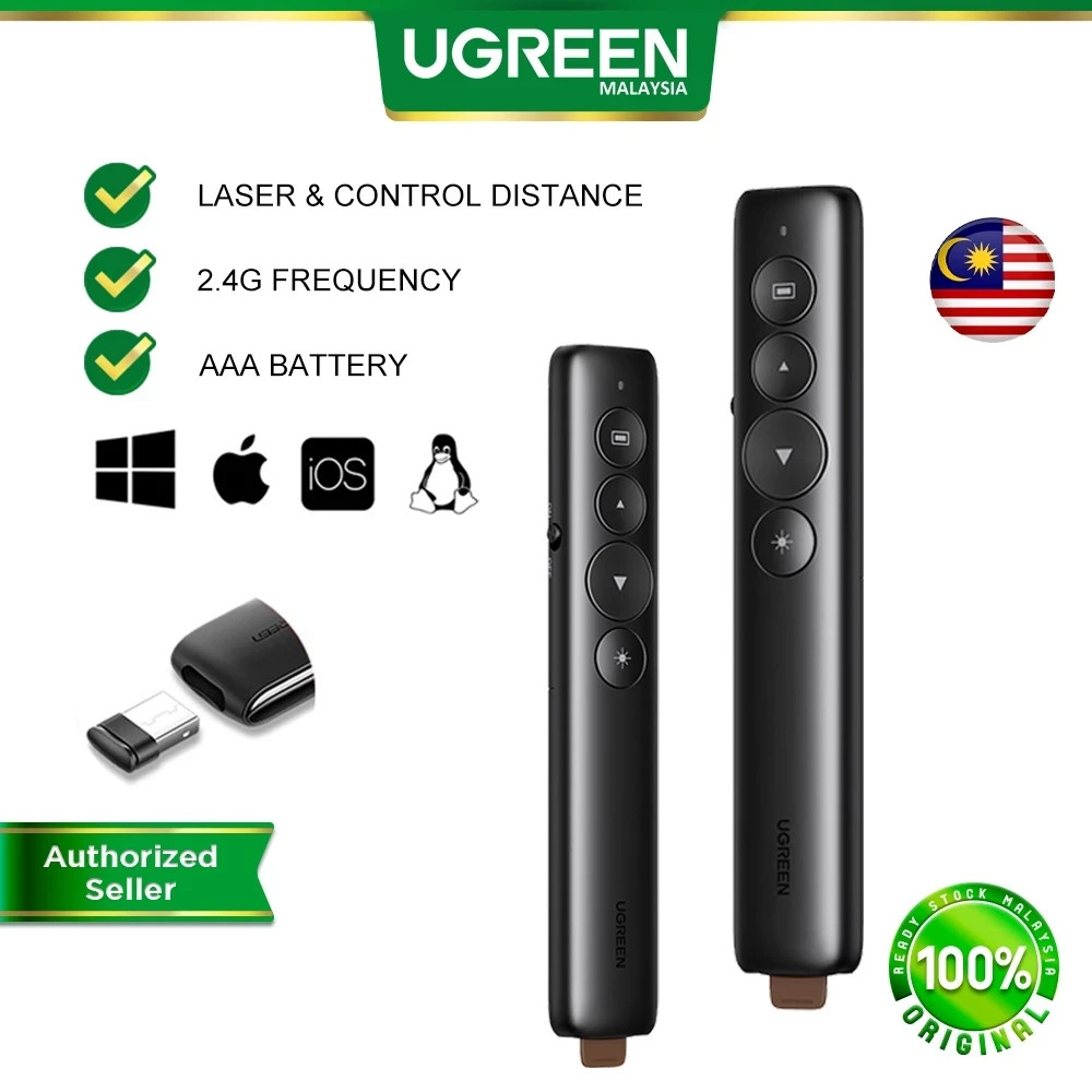 2pcs UGREEN Wireless Presenter Remote Clicker Laser Pointer 2.4GHz USB PPT Pen