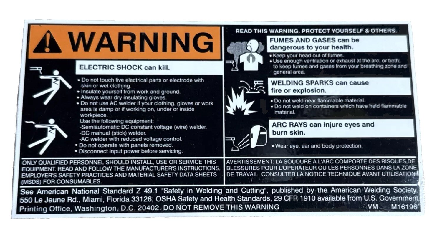 Lincoln Electric 9SM16196 DECAL-WARNING M16196 Sticker