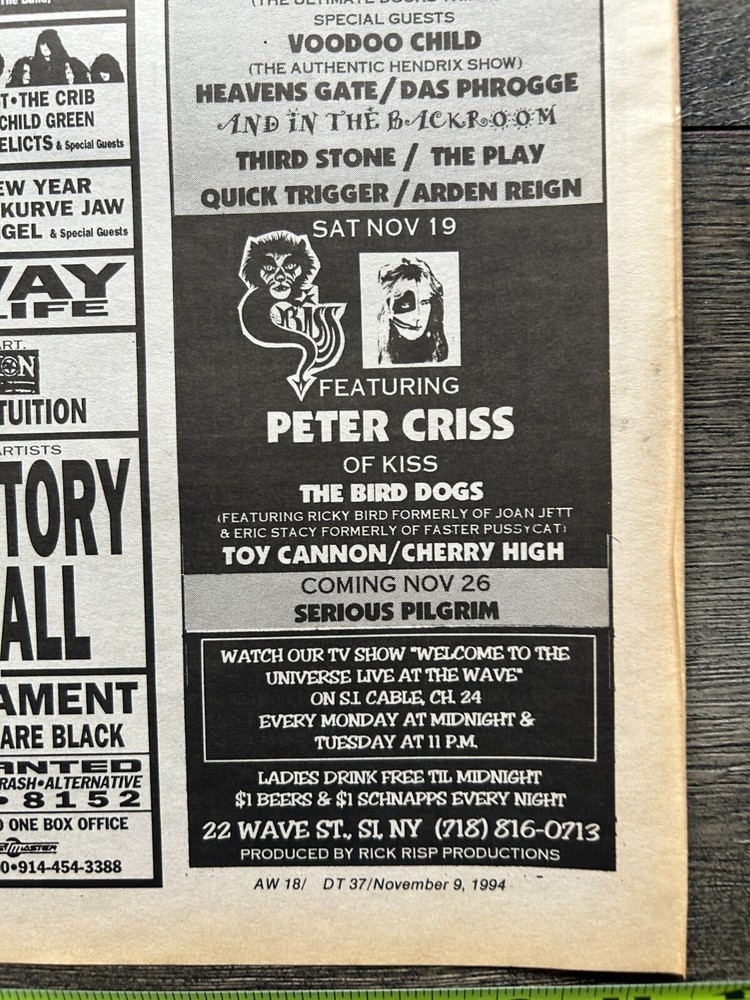 KISS Concert Ad Advert PETER CRISS Nov 19 1994 The Wave NY Vintage Kiss C