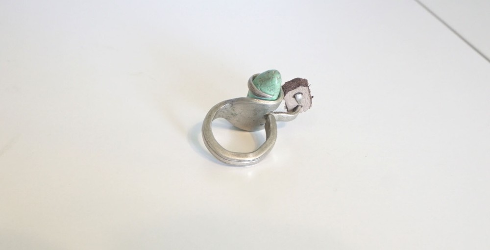 Artisan Fork Wrap RING- Mixed Media- Turquoise Stone, Leather- Size 5 1/2
