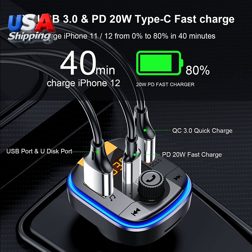 Bluetooth FM Transmitter for Car - Bluetooth 5.0 Adapter PD20W+QC3.0 Cigarette