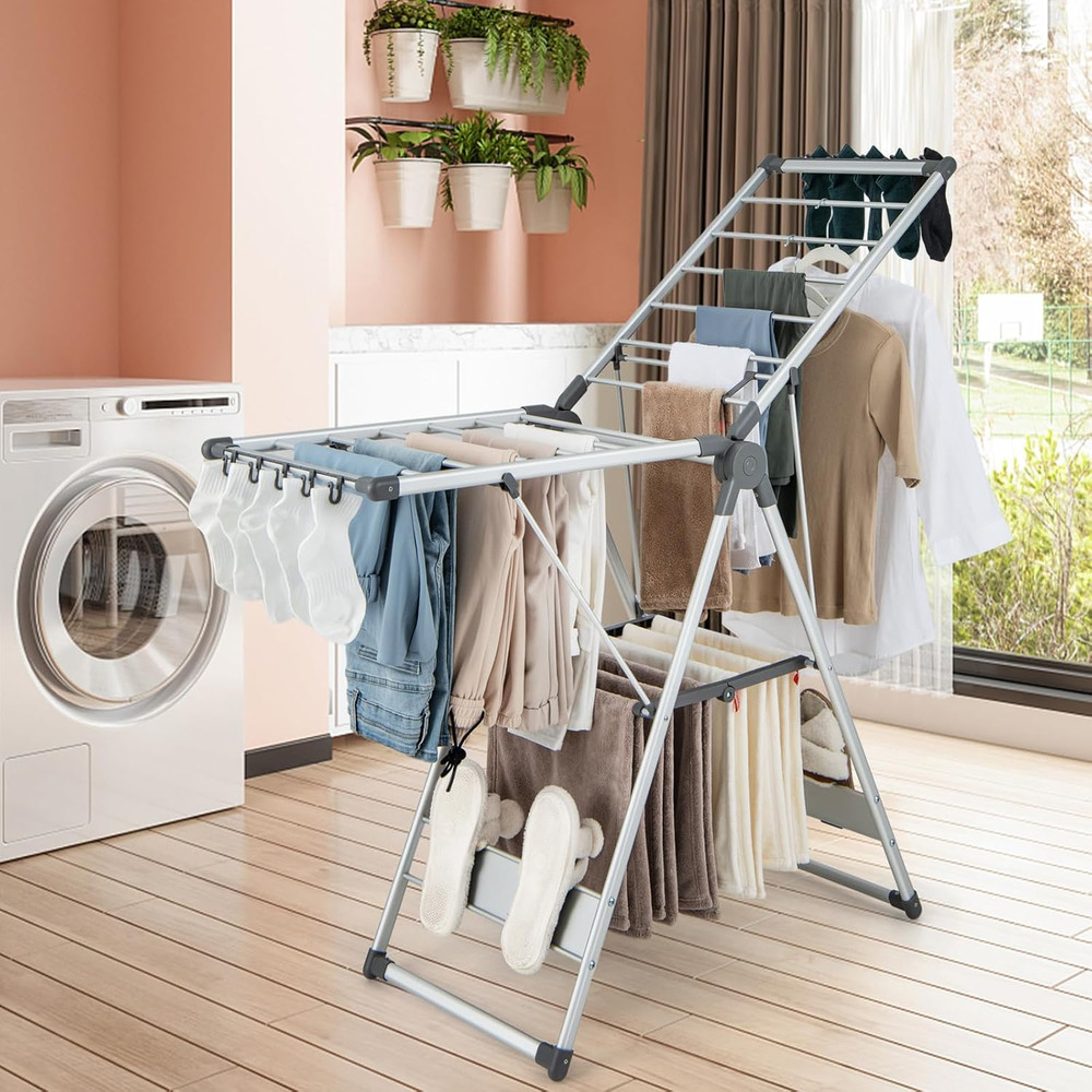 Space-Saving Collapsible 2-Layer Aluminum Drying Rack with Adjustable Wings