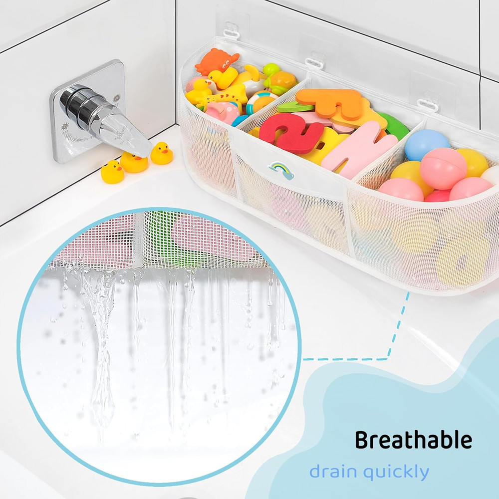 Shallow Pockets Easy Access Bath Toy Storage Organizer, 3 Compartment Large Capa