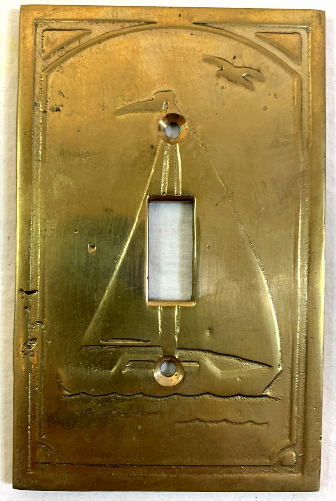 Lot 5 Vtg Solid Brass Sailboat Single Toggle Light Switch Plate Cover Nautical