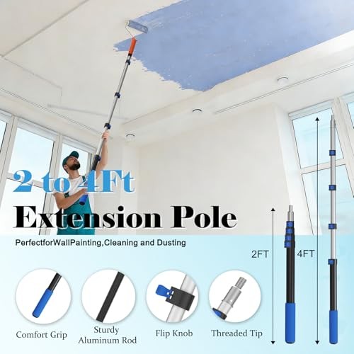 Paint Roller Kit with Extension Pole, 2-4FT Adjustable Pole, Orange