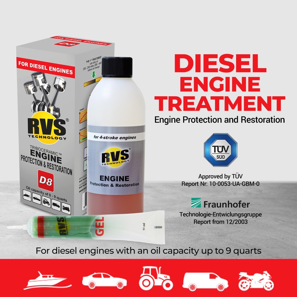 RVS Technology D8 engine treatment. Restore your engine, increase fuel economy!