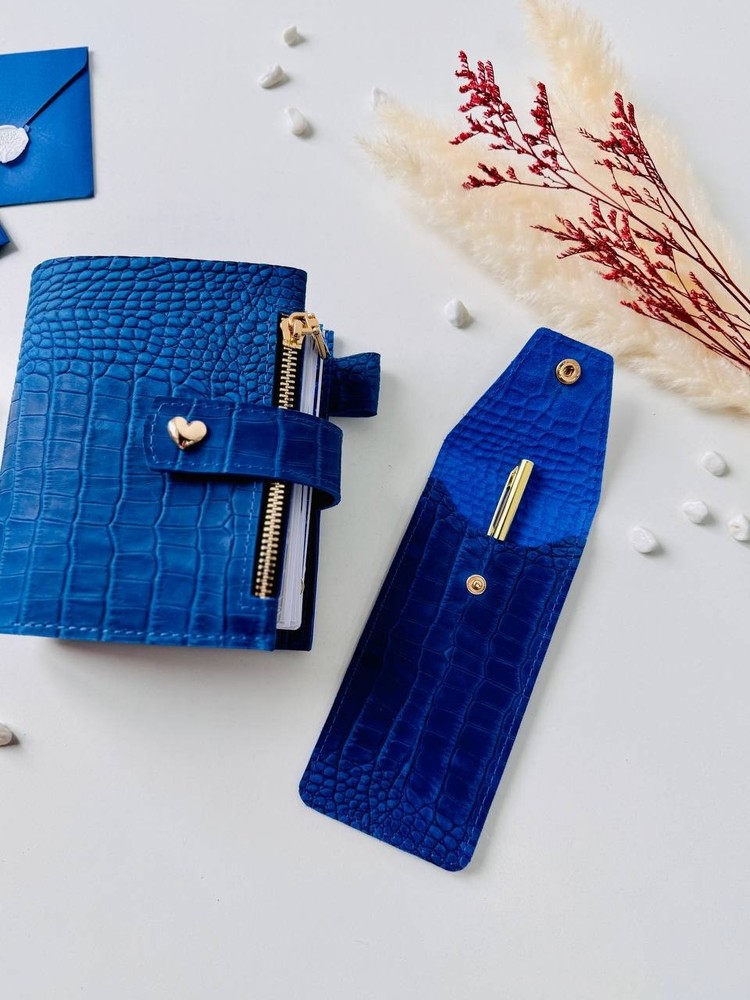 Blue leather notebook cover A7 2 rings mini wallet, Mini Planner Binder.