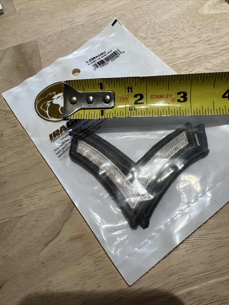 US Army Private PV2 E-2 Chevrons, Silverish /green ,Patch Set, Small, NEW!