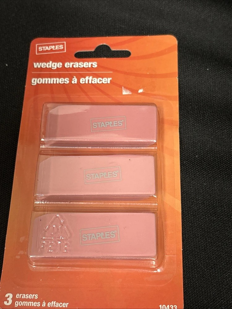 Staples Pink Wedge Erasers 3/Pack Premium Angled Edges Precise Correction  New