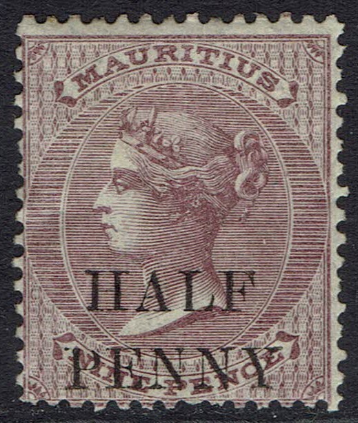 MAURITIUS 1876 QV HALF PENNY ON 9D