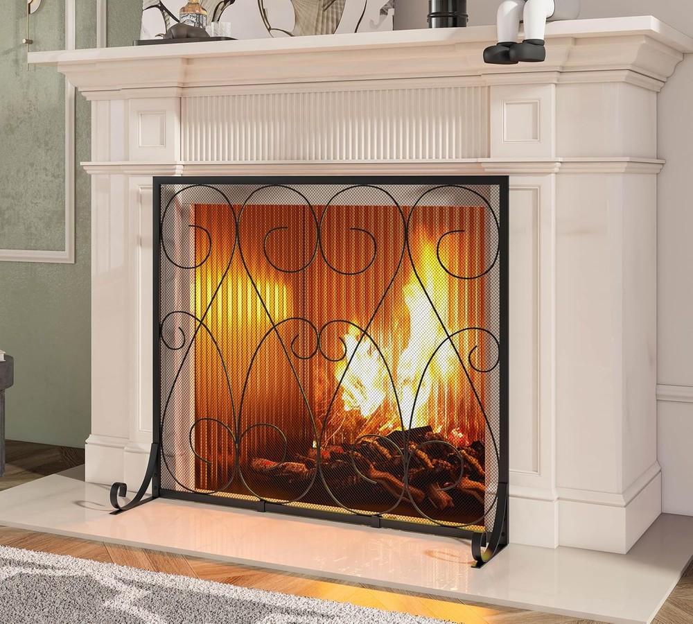 Single Panel Handcrafted Wrought Iron Symmetric Scroll Flat Fireplace Screen W/