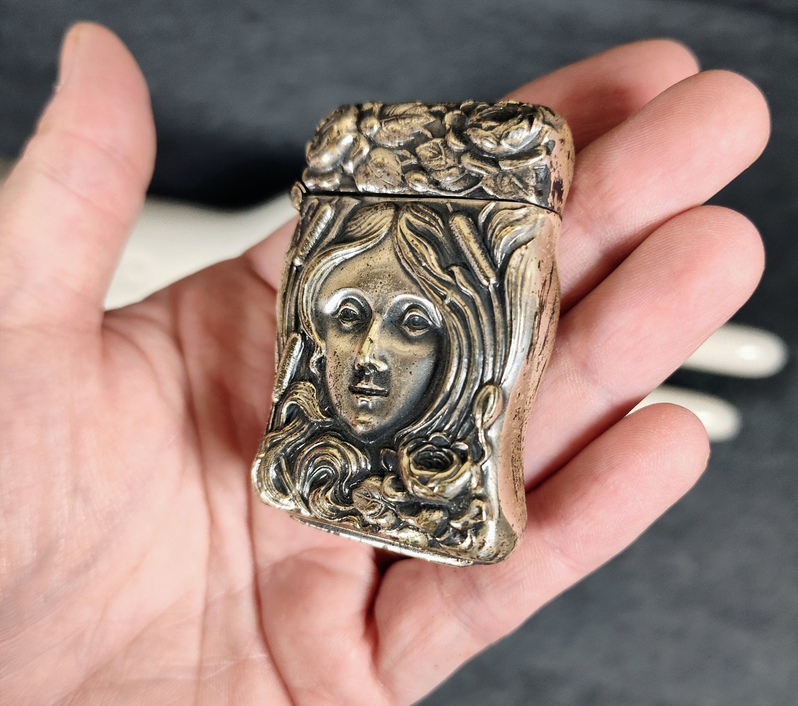 1870's Antique German Silver Art Nouveau Woman Lady Match Safe Vesta
