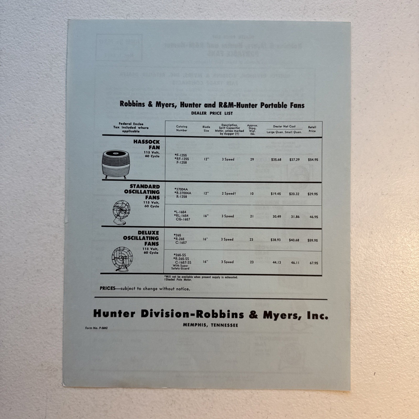Hunter Division-Robbins & Myers, Inc. Portable Fans Dealer Price List 1957