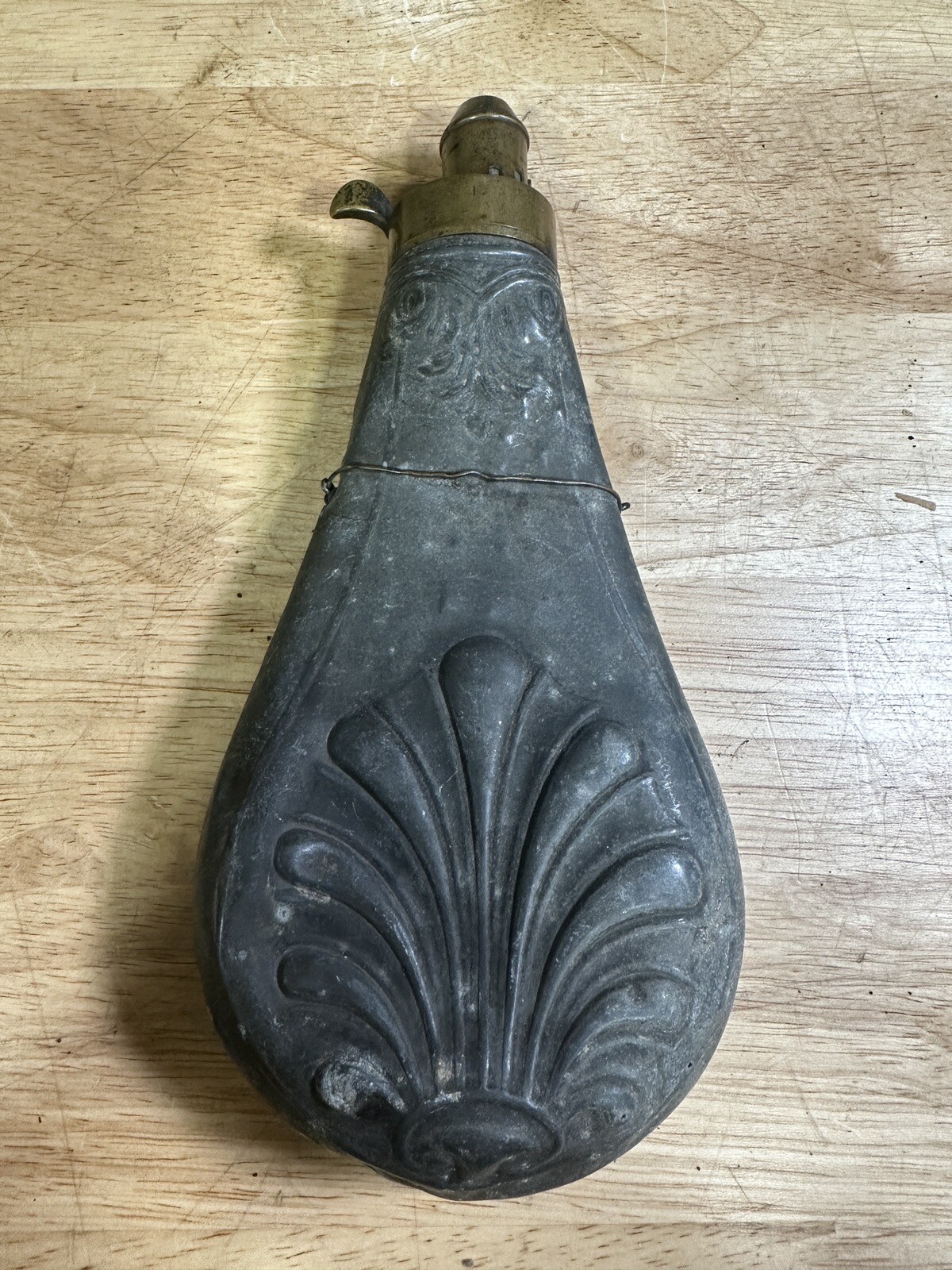 Antique Mid 1800s Era Style Brass And Zinc Powder Flask