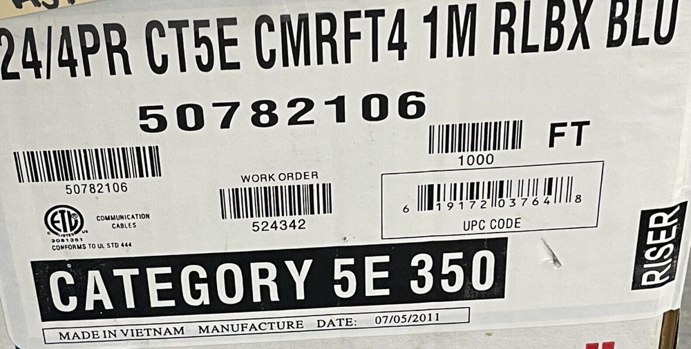 GENESIS 50782106 CAT5E RISER CABLE 24/4 SOLID BC UNSHIELDED 1000'